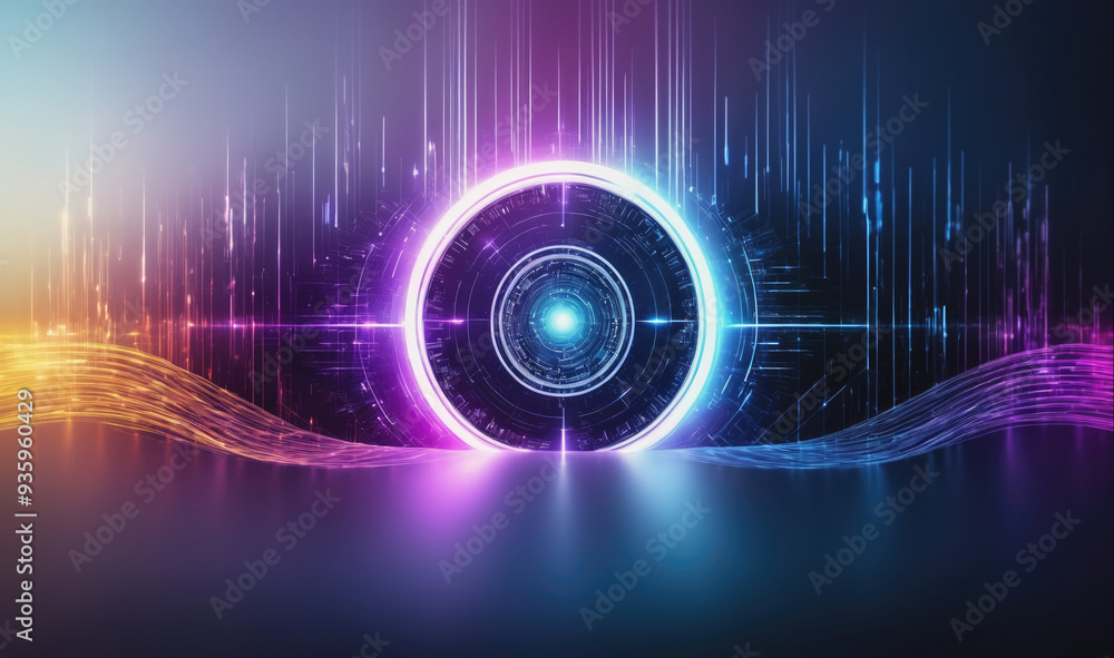 A glowing ring of light appears in the center of this digital image, as colorful lines shoot out from the ring A glowing ring of light appears in the center of this digital image, as colorful lines shoot out from the ring