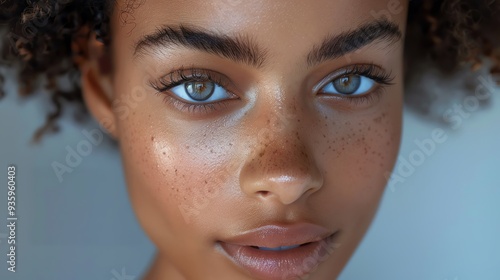 A close-up shot of a female model's natural skin texture and minimal makeup, showcasing her beauty in high resolution. Shot with Canon lens