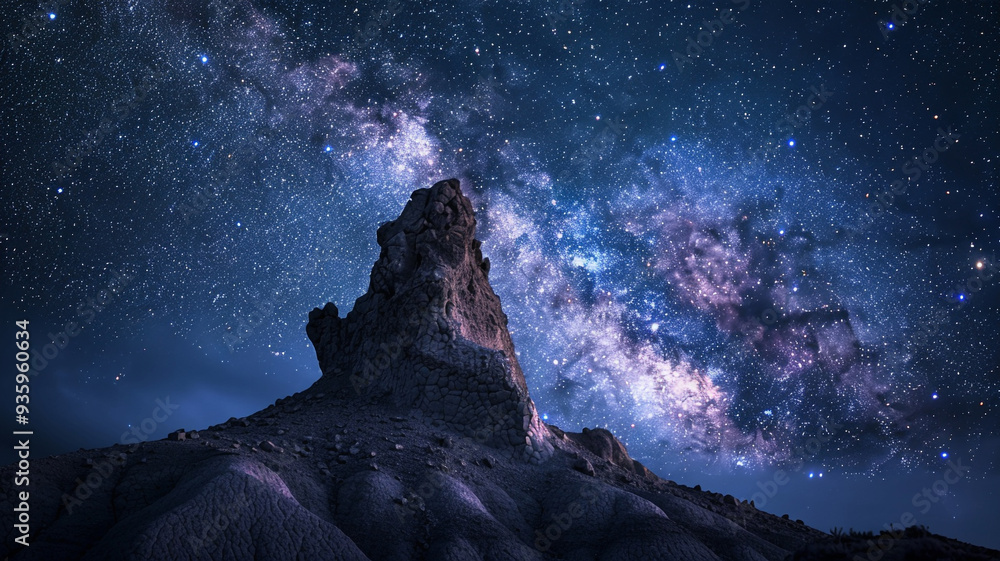 Frame an isolated, eroded pinnacle under a star-filled night sky Frame an isolated, eroded pinnacle under a star-filled night sky