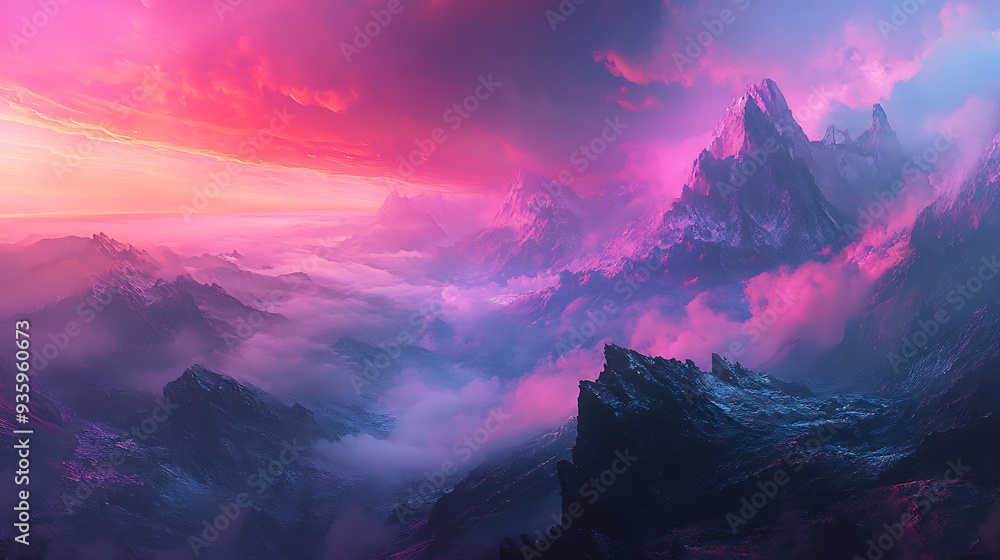 Obraz premium Mountain Range at Sunset with Pink and Blue Hues