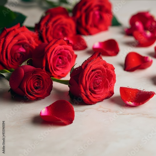 Beautiful Red Roses with Scattered Petals on Marble Background photo