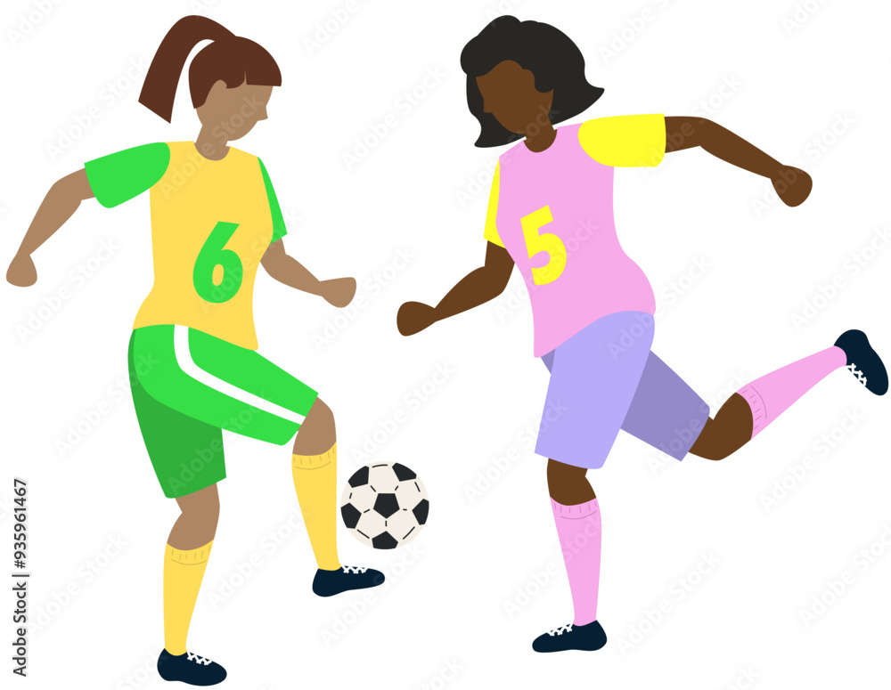 Soccer players kicking ball character two girls, flat cartoon vector illustration isolated on white background. Soccer or football game players collection. Soccer players kicking ball character two girls, flat cartoon vector illustration isolated on white background. Soccer or football game players collection.