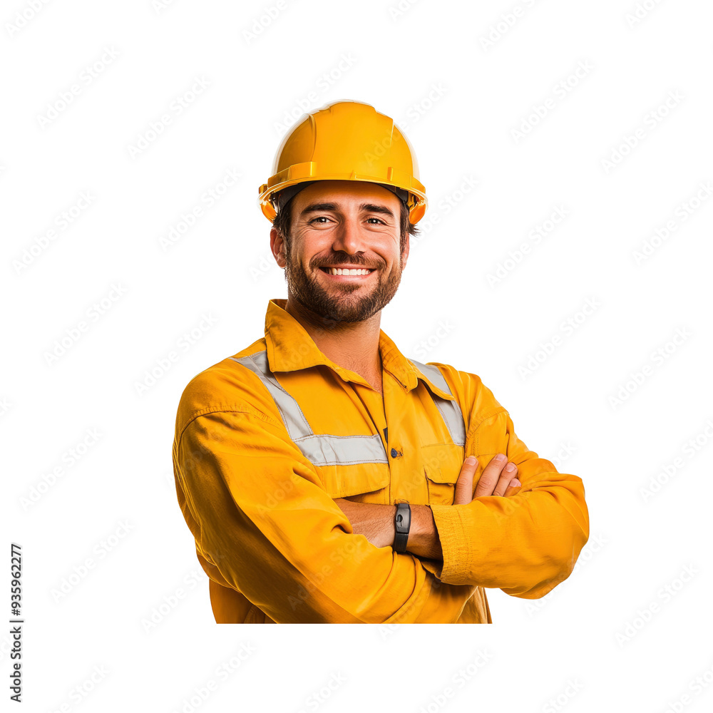 Confident Construction Worker in Yellow Uniform and Hard Hat Confident Construction Worker in Yellow Uniform and Hard Hat