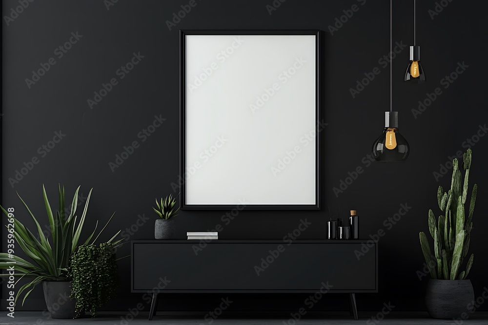 Mockup frame gallery room interior with drawer and decoration on black wall. Mockup frame gallery room interior with drawer and decoration on black wall.