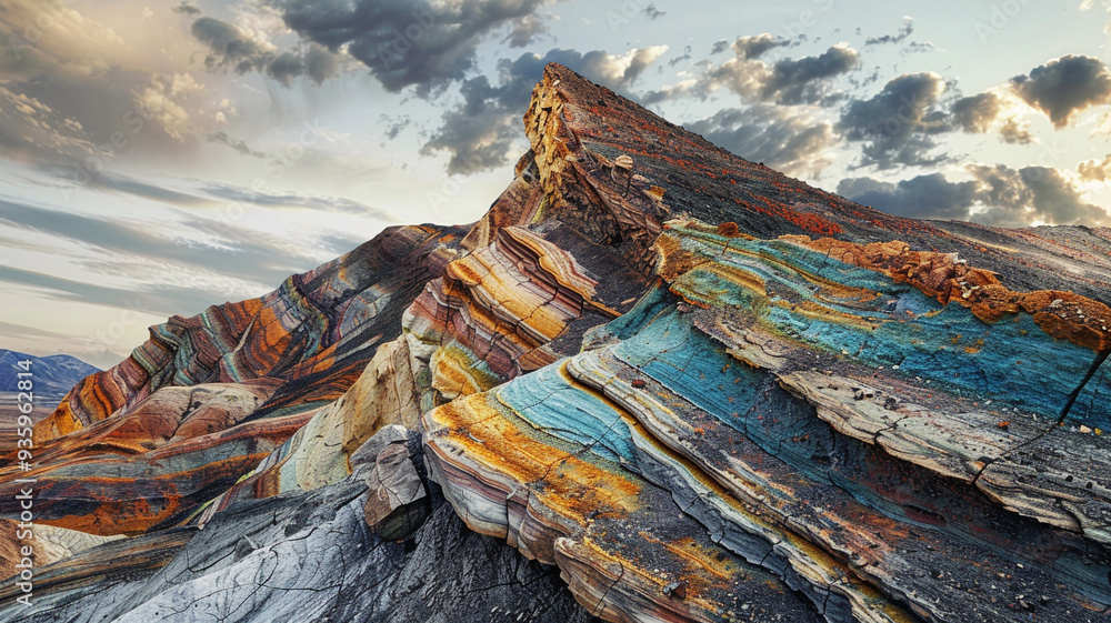 Portray an eroded mountain with a mosaic of colorful sedimentary layers Portray an eroded mountain with a mosaic of colorful sedimentary layers
