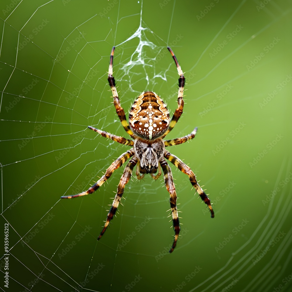 Captivating Spider in Web on Vibrant Green Background Captivating Spider in Web on Vibrant Green Background