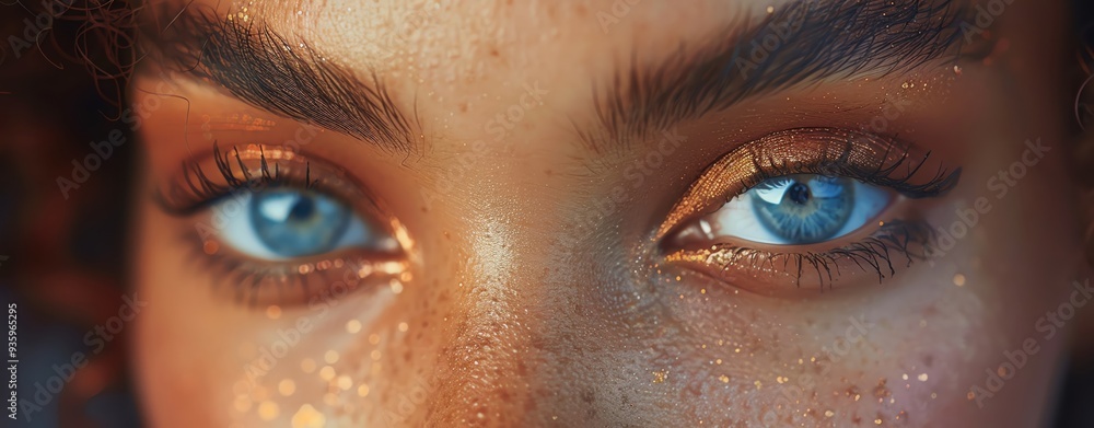 Naklejka premium Close-up of a female model's eyes and makeup, highlighting the intricate details and professional artistry. Shot with Canon lens