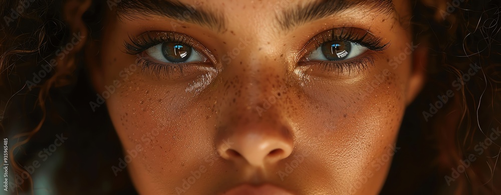 Close-up of a female model's face, showcasing her natural beauty and detailed makeup under professional lighting. Shot with Canon lens Close-up of a female model's face, showcasing her natural beauty and detailed makeup under professional lighting. Shot with Canon lens