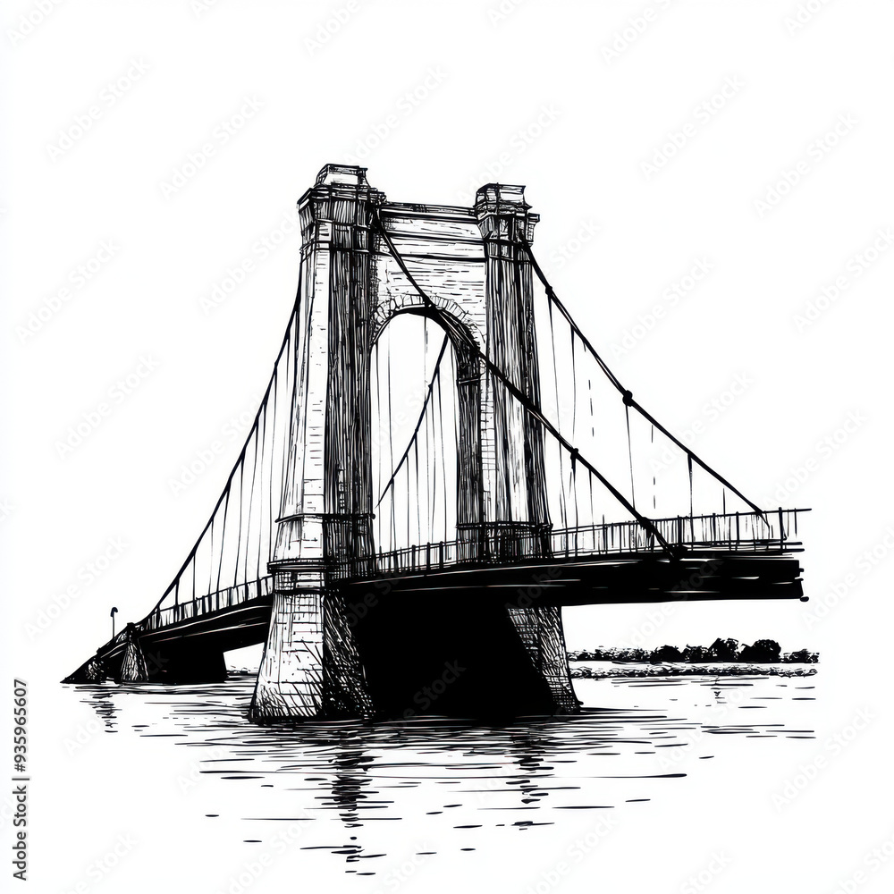 Fototapeta premium Black and white Vintage engraved art of a minimalist bridge silhouette, isolated on white background, ink sketch illustration, simple vector art design, highly detailed line art, high contrasty