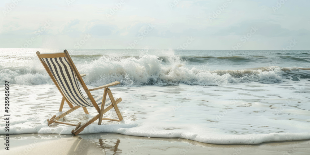A striped fabric beach chair stands on the seashore, with waves crashing onto an empty sandy shore. A striped fabric beach chair stands on the seashore, with waves crashing onto an empty sandy shore.
