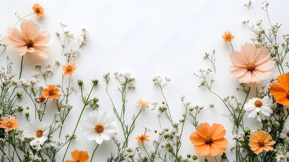 Fototapeta premium A delicate floral arrangement against a white background, soft pastel and vibrant orange flowers, cosmos, daisies, and wildflowers, ethereal composition, high-key lighting.