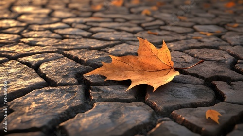 Single Autumn Leaf on Stone Pathway.