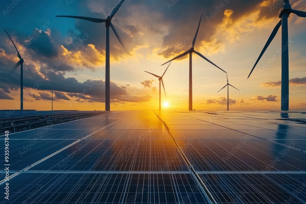 Wind Turbines And Solar Panels At Sunset - Renewable Energy Concept with generative ai Wind Turbines And Solar Panels At Sunset - Renewable Energy Concept with generative ai