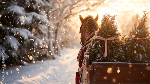 A serene winter scene featuring a horse pulling a sleigh filled with Christmas trees, surrounded by falling snow and soft sunlight. Christmas farm concept.