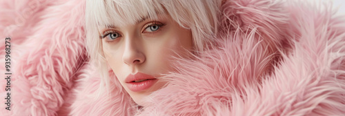 A beautiful albino woman with white hair and big eyes is posing for the camera against a backdrop. photo