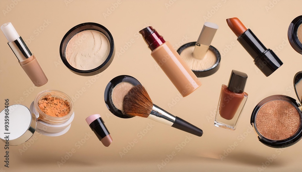 Naklejka premium Flying decorative cosmetics on beige background 