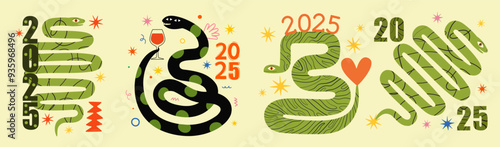 Vector abstract illustration set with green tree wood snakes and wine glass, heart, doodle elements. 2025 new year celebration poster, greeting card template.