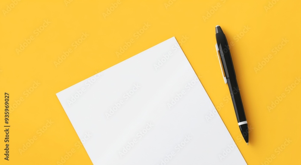 a Blank White Sheet of Paper with a Pen on Yellow Background a Blank White Sheet of Paper with a Pen on Yellow Background