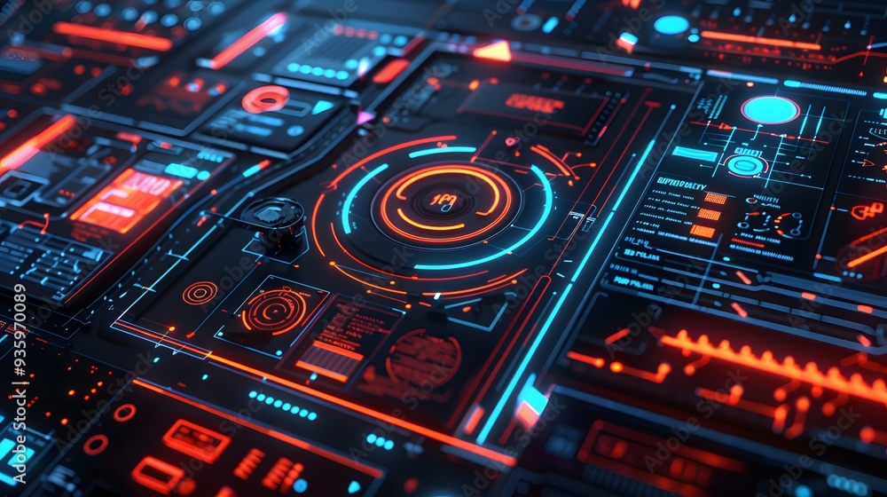 A dark mode UI/UX software blueprint displayed on a high-tech digital board, with glowing neon elements indicating key features A dark mode UI/UX software blueprint displayed on a high-tech digital board, with glowing neon elements indicating key features