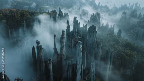 the haunting beauty of eroded pinnacles emerging from morning mist