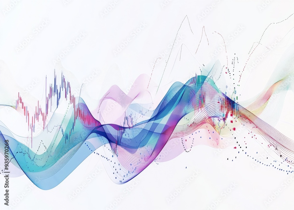 Fototapeta premium Abstract Stock Market Graph Digital Drawing, Minimalistic Style with Upward Trend Line, White Background, Shades of Blue, Purple, Red, and Green, for Website Design and Marketing