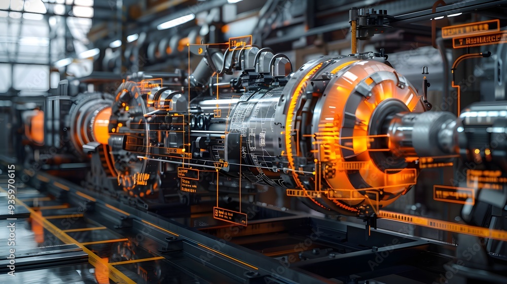 A highly detailed 3D render of heavy industrial machinery, with each part labeled and floating annotations A highly detailed 3D render of heavy industrial machinery, with each part labeled and floating annotations