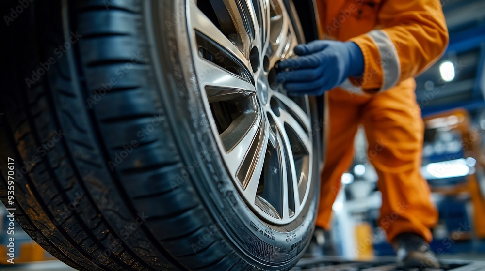 Close-up of a Mechanic Working on a Car Tire Close-up of a Mechanic Working on a Car Tire