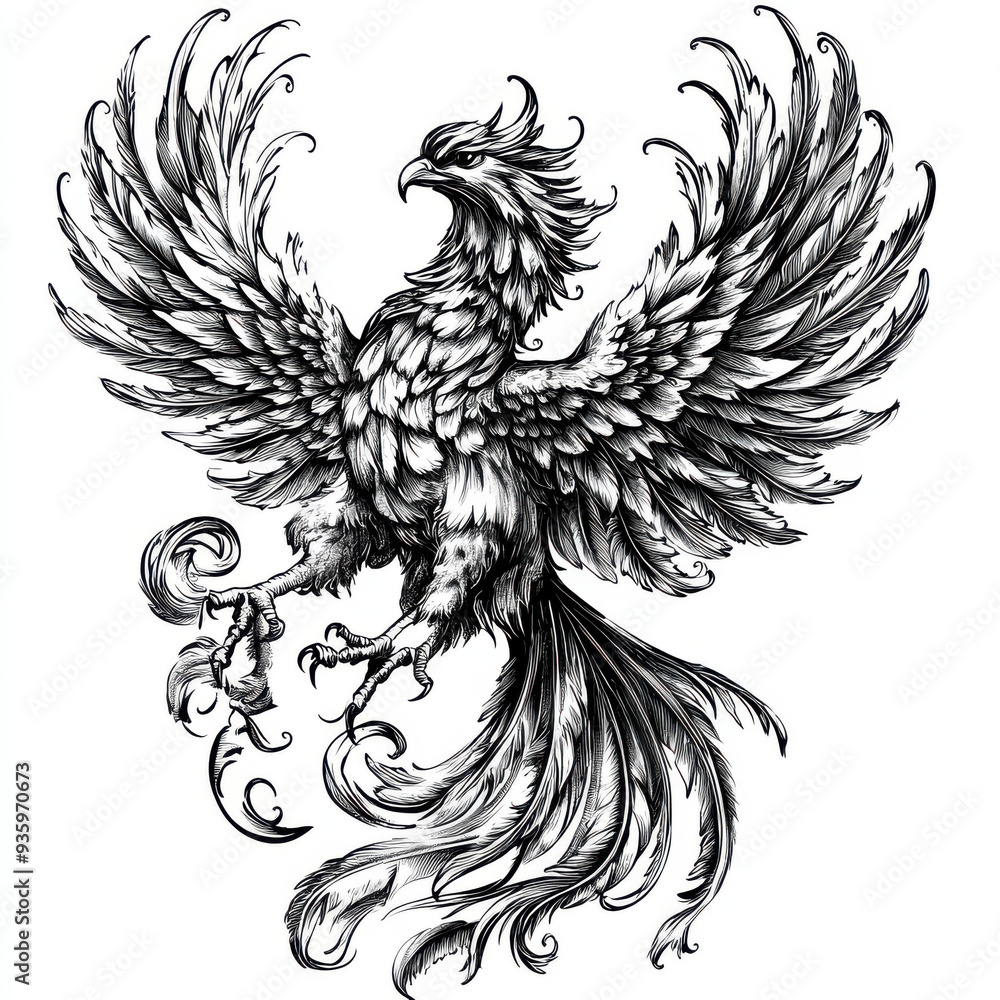 Fototapeta premium Black and white Vintage engraved art of a phoenix with outstretched wings, isolated on white background, ink sketch illustration, simple vector art design, highly detailed line art