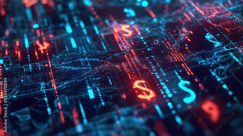 3D financial network with glowing, interconnected currency symbols in a global pattern. - 3D financial network with glowing, interconnected currency symbols in a global pattern. -