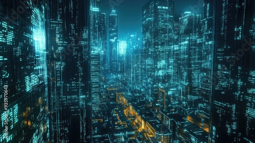 Fototapeta Naklejka Na Ścianę i Meble -  3D dark city of cyberspace metaverse digital landscape of futuristic background concept. 3d illustration rendering