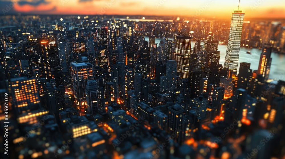 3D illustration of a bustling cityscape at dusk with skyscrapers and a river running through. 3D illustration of a bustling cityscape at dusk with skyscrapers and a river running through.