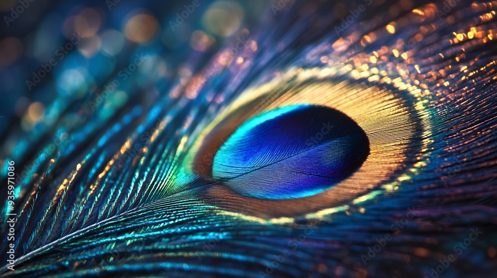Fototapeta premium Peacock Feather Close-up with Bokeh Lights