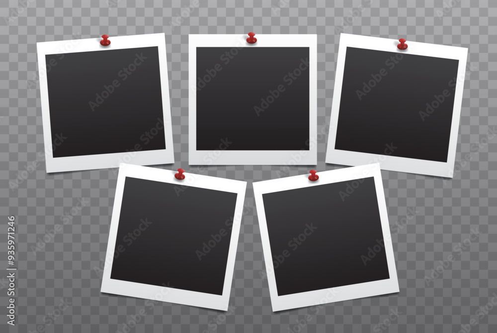 Five realistic blank attached square photo frames on dark transparent background. Vector template illustration Five realistic blank attached square photo frames on dark transparent background. Vector template illustration