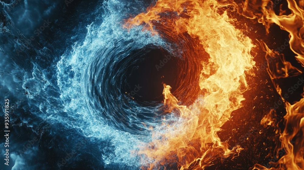 3d illustration of fire and water swirling in a circle 3d illustration of fire and water swirling in a circle