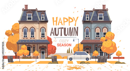 Two neighboring houses building on isolated background. Cozy autumn season flat vector composition