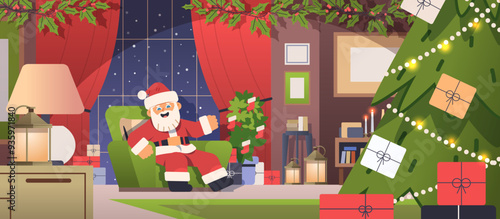 Happy Santa Clouse sitting in armchair. Christmas room interior flat vector illustration