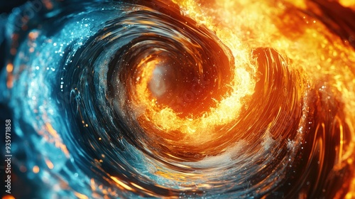 3D illustration of waves swirling with fire and water in the concept of science technology