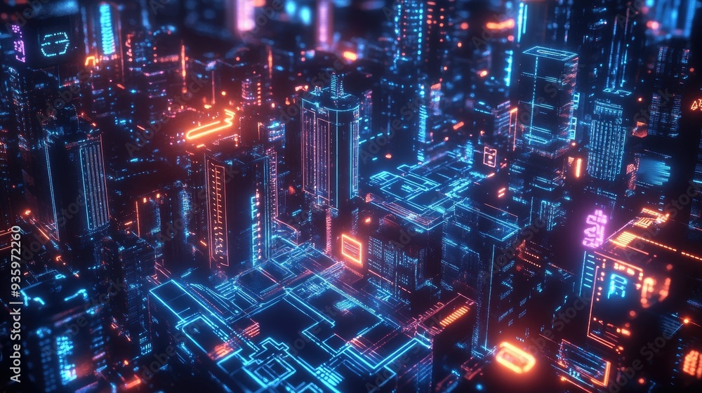 3d render of Cyber punk night city landscape concept. Light glowing on dark scene. Night life. Technology network for 5g. Beyond generation and futuristic of Sci-Fi Capital city and building scene. 3d render of Cyber punk night city landscape concept. Light glowing on dark scene. Night life. Technology network for 5g. Beyond generation and futuristic of Sci-Fi Capital city and building scene.