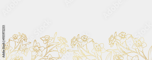 Luxury gold Narcissus flowers background. Daffodil Floral pattern tropical in line art style for greeting, invitation, wedding card, wall art, wallpaper and print. Vector illustration
