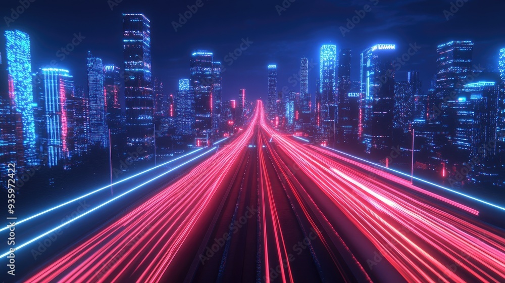3d rendering cityscape with red and light blue light trail on road. Concept city, downtown district, town at night with bright neon light. 3d rendering cityscape with red and light blue light trail on road. Concept city, downtown district, town at night with bright neon light.