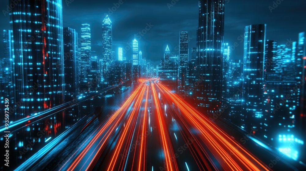 3d rendering cityscape with red and light blue light trail on road. Concept city, downtown district, town at night with bright neon light. 3d rendering cityscape with red and light blue light trail on road. Concept city, downtown district, town at night with bright neon light.