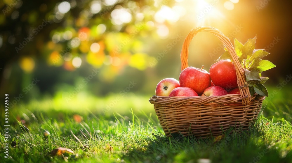 Wooden Basket With Red Apples On Grass In Sunny Garden - Autumn And Harvest with generative ai Wooden Basket With Red Apples On Grass In Sunny Garden - Autumn And Harvest with generative ai