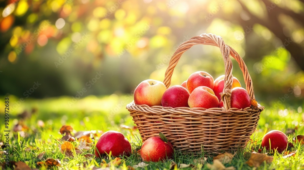 Wooden Basket With Red Apples On Grass In Sunny Garden - Autumn And Harvest with generative ai Wooden Basket With Red Apples On Grass In Sunny Garden - Autumn And Harvest with generative ai