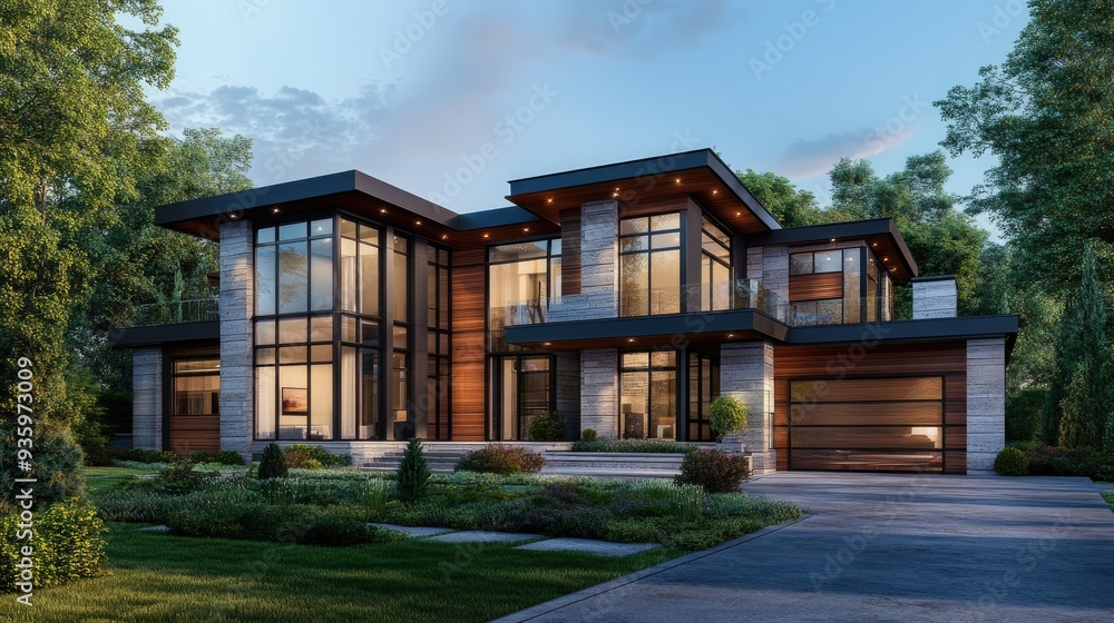 3D rendering of a luxury modern home with a blend of wood, glass, and concrete elements. 3D rendering of a luxury modern home with a blend of wood, glass, and concrete elements.