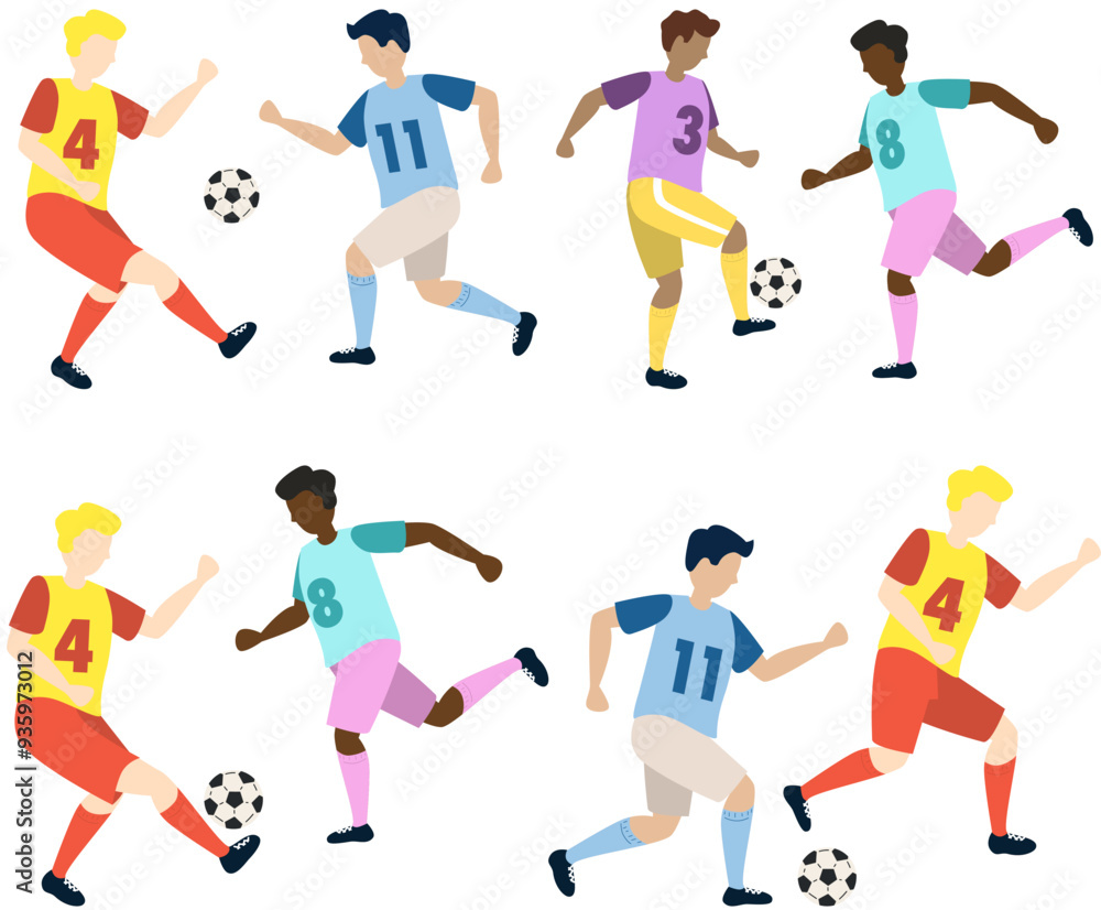 Soccer players kicking ball characters set with boys, flat cartoon vector illustration isolated on white background. Soccer or football game players collection. Soccer players kicking ball characters set with boys, flat cartoon vector illustration isolated on white background. Soccer or football game players collection.