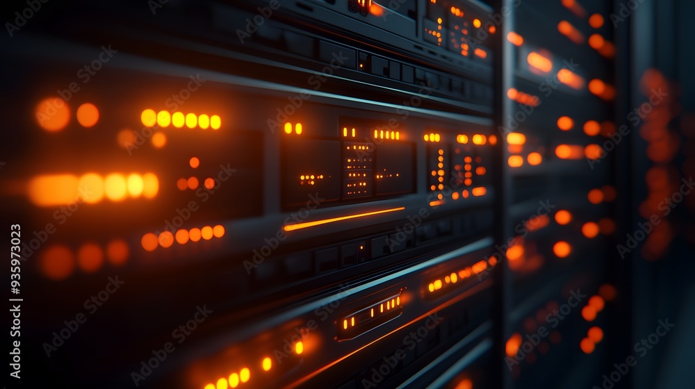 data center server rack, modern technology, soft orange lighting, glowing LEDs, sleek black servers, futuristic design, high-tech equipment, digital infrastructure. data center server rack, modern technology, soft orange lighting, glowing LEDs, sleek black servers, futuristic design, high-tech equipment, digital infrastructure.
