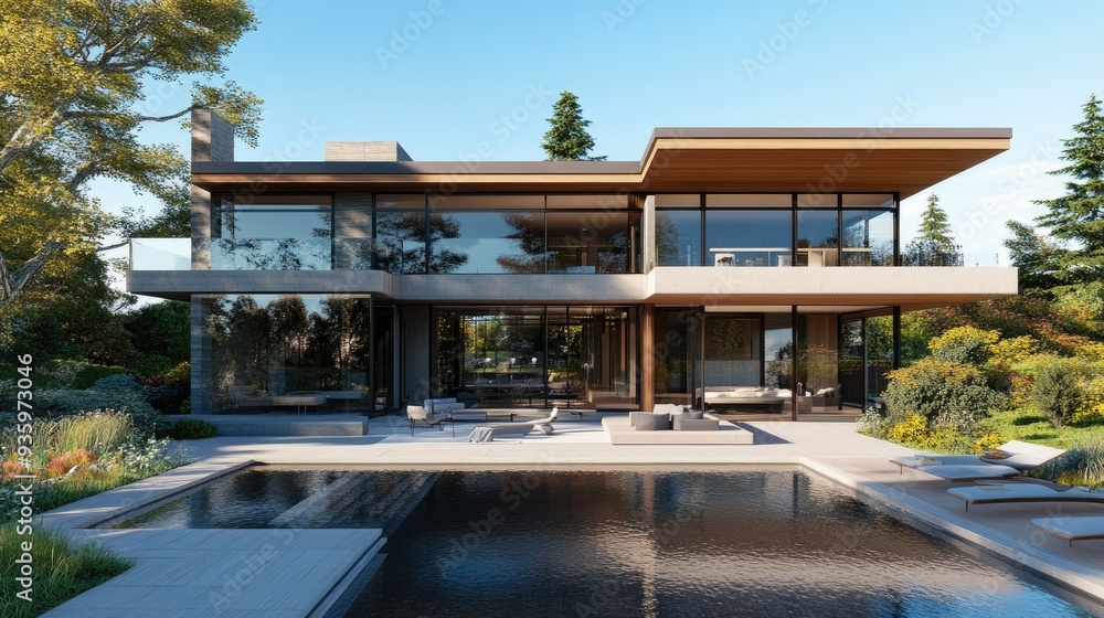 3D rendering of a luxury modern home with a blend of wood, glass, and concrete elements. 3D rendering of a luxury modern home with a blend of wood, glass, and concrete elements.