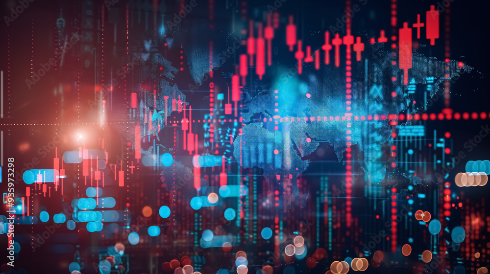 Obraz premium Double exposure of a global world map on a business financial stock market trading background.