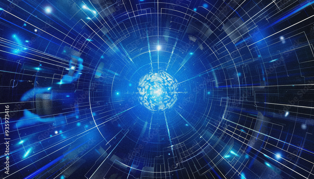 Fototapeta premium Abstract Blue Digital Lines in Virtual Technology Network. Cyber Data Background