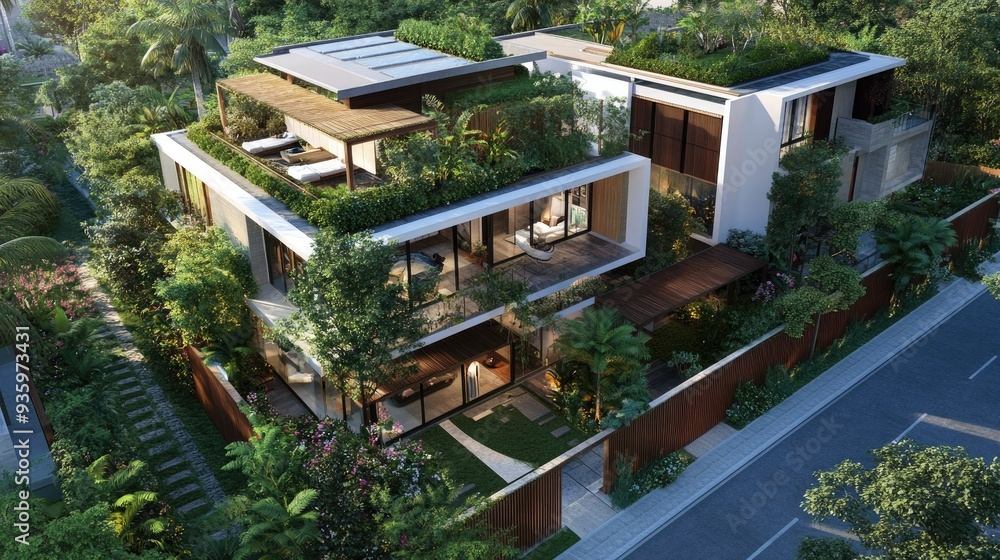 3D rendering of a stylish modern home with eco-friendly design elements and rooftop garden. 3D rendering of a stylish modern home with eco-friendly design elements and rooftop garden.